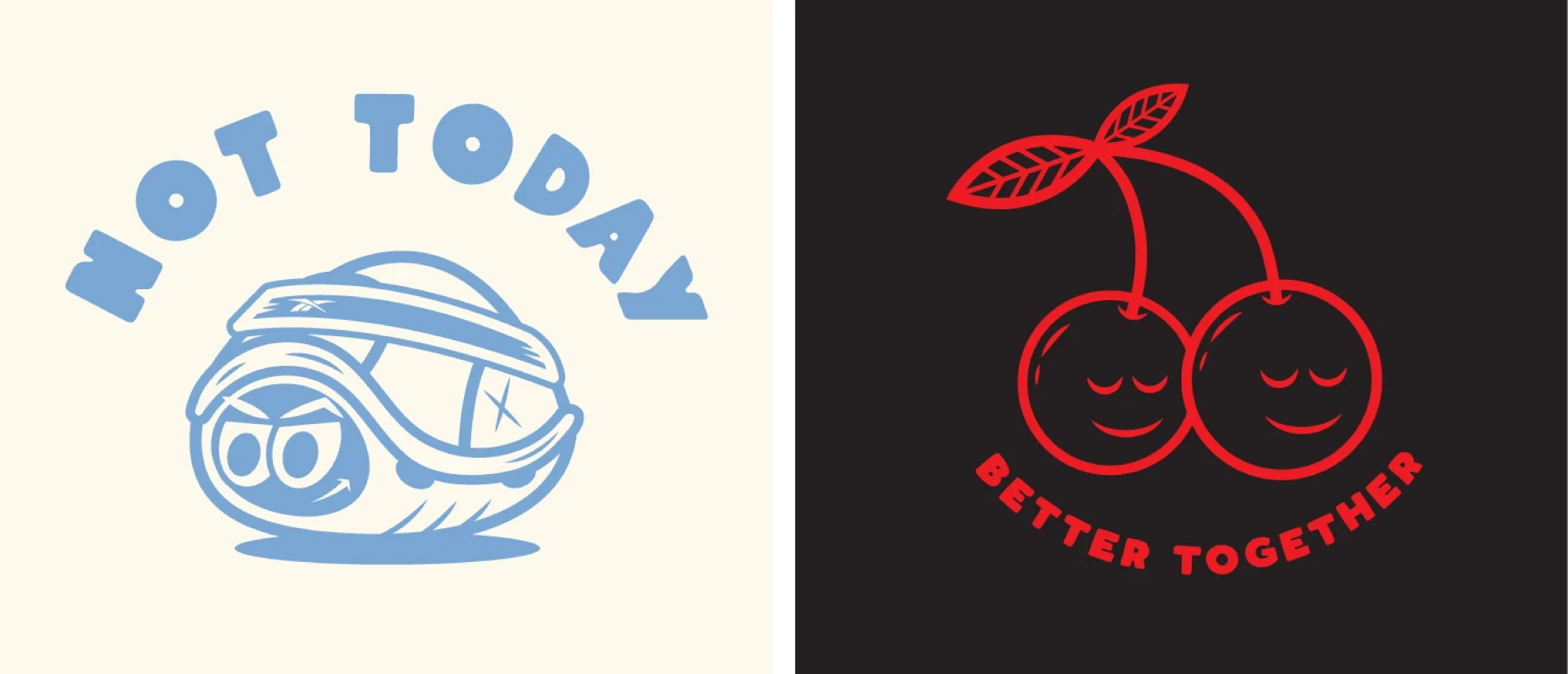 Left side: cartoon of a happy sliced watermelon with sunglasses and the words 'Hot Today' in blue. Right side: red outline of two cherries with smiling faces and the words 'Better Together' in red.