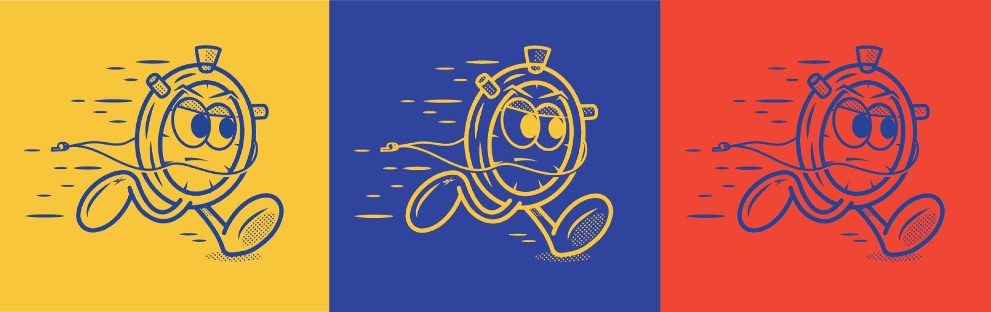 A cartoon alarm clock character with large eyes and a worried expression, running with its cord trailing behind, depicted on three separate backgrounds colored yellow, blue, and red.