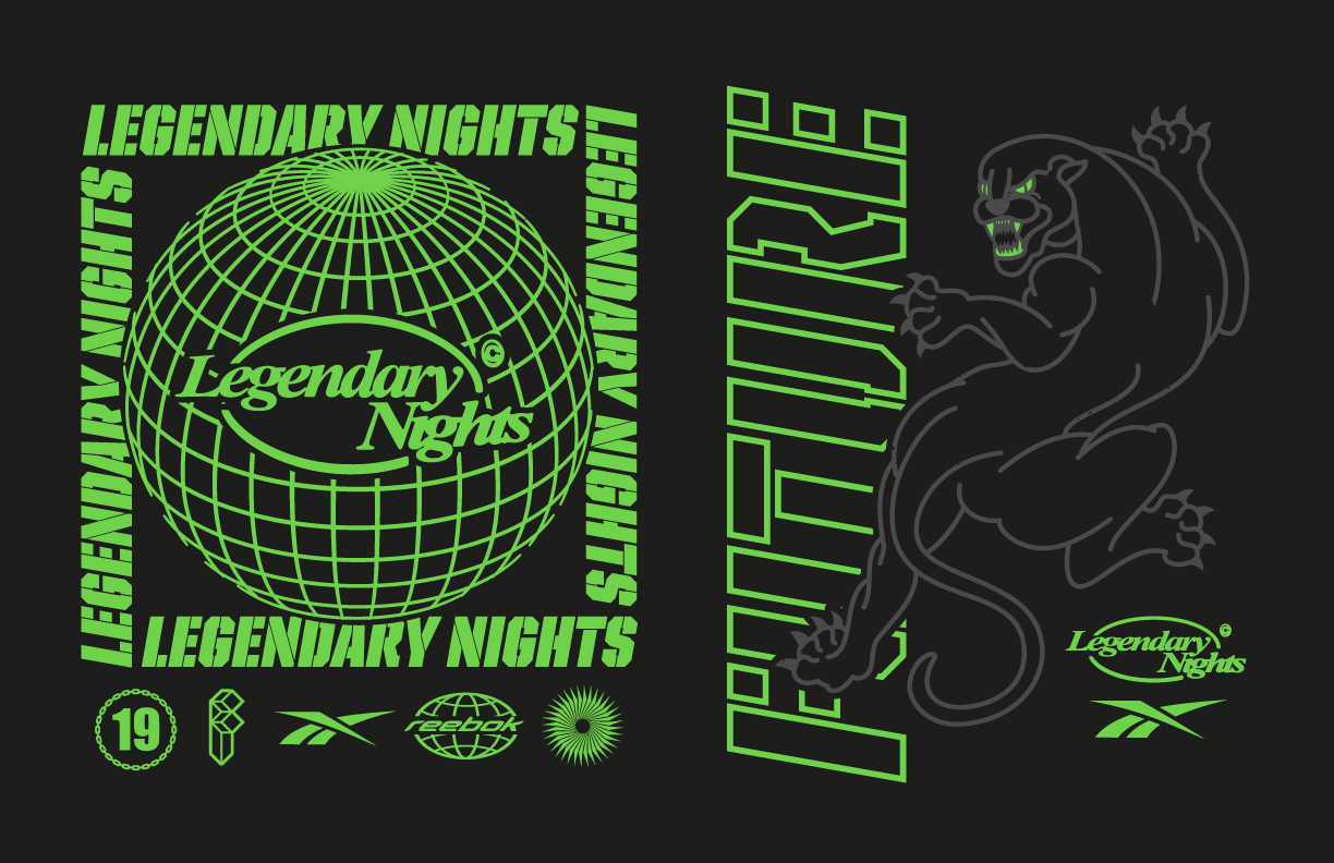 A black background poster promoting Legendary Nights with green text and graphics. It features a globe with the words 'Legendary Nights' inside, a roaring panther with green eyes, and various logos including Reebok, a globe, and others.