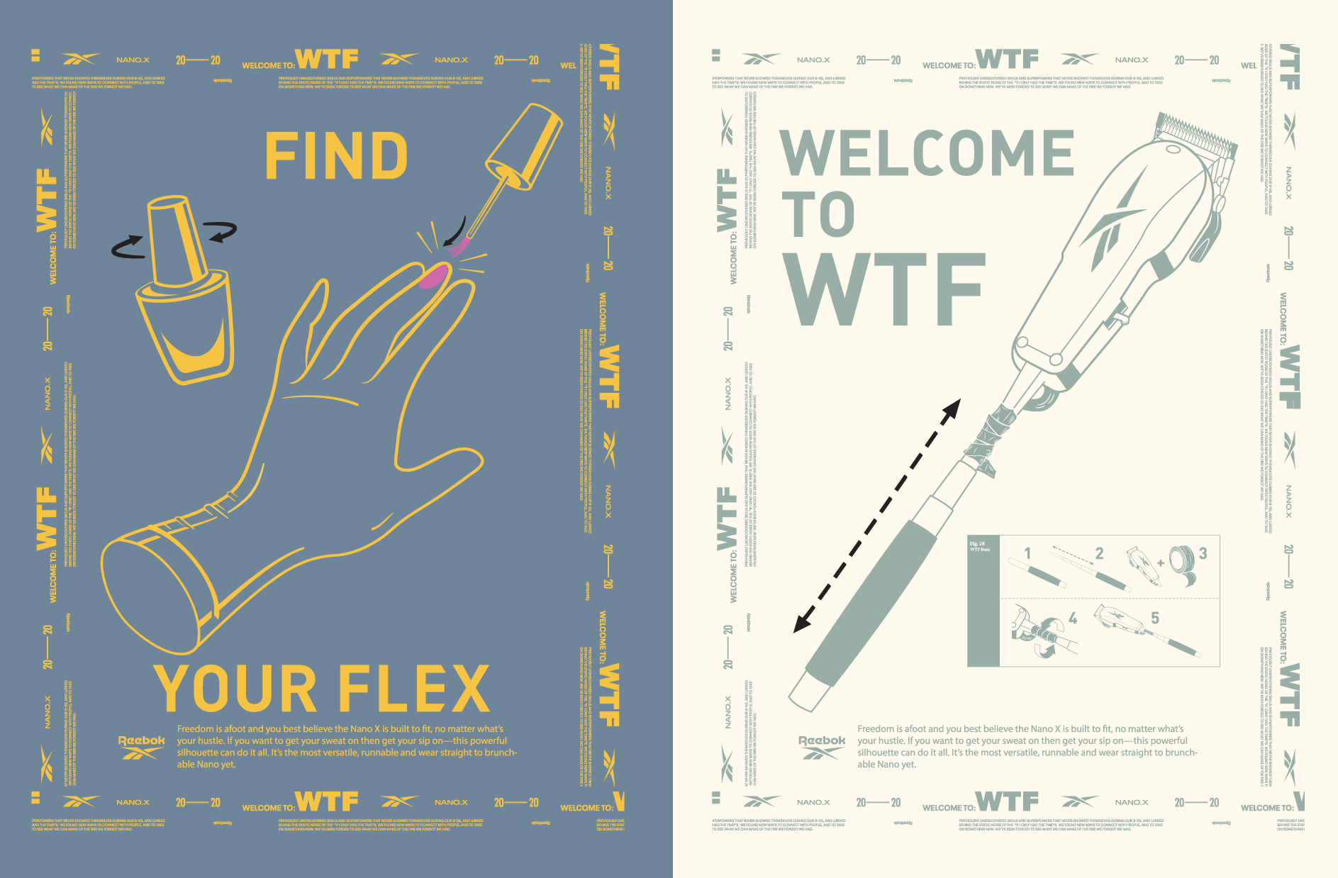 Two illustrated guides for applying nail polish and assembling a cordless vacuum cleaner, with text emphasizing the versatility of Nano X.