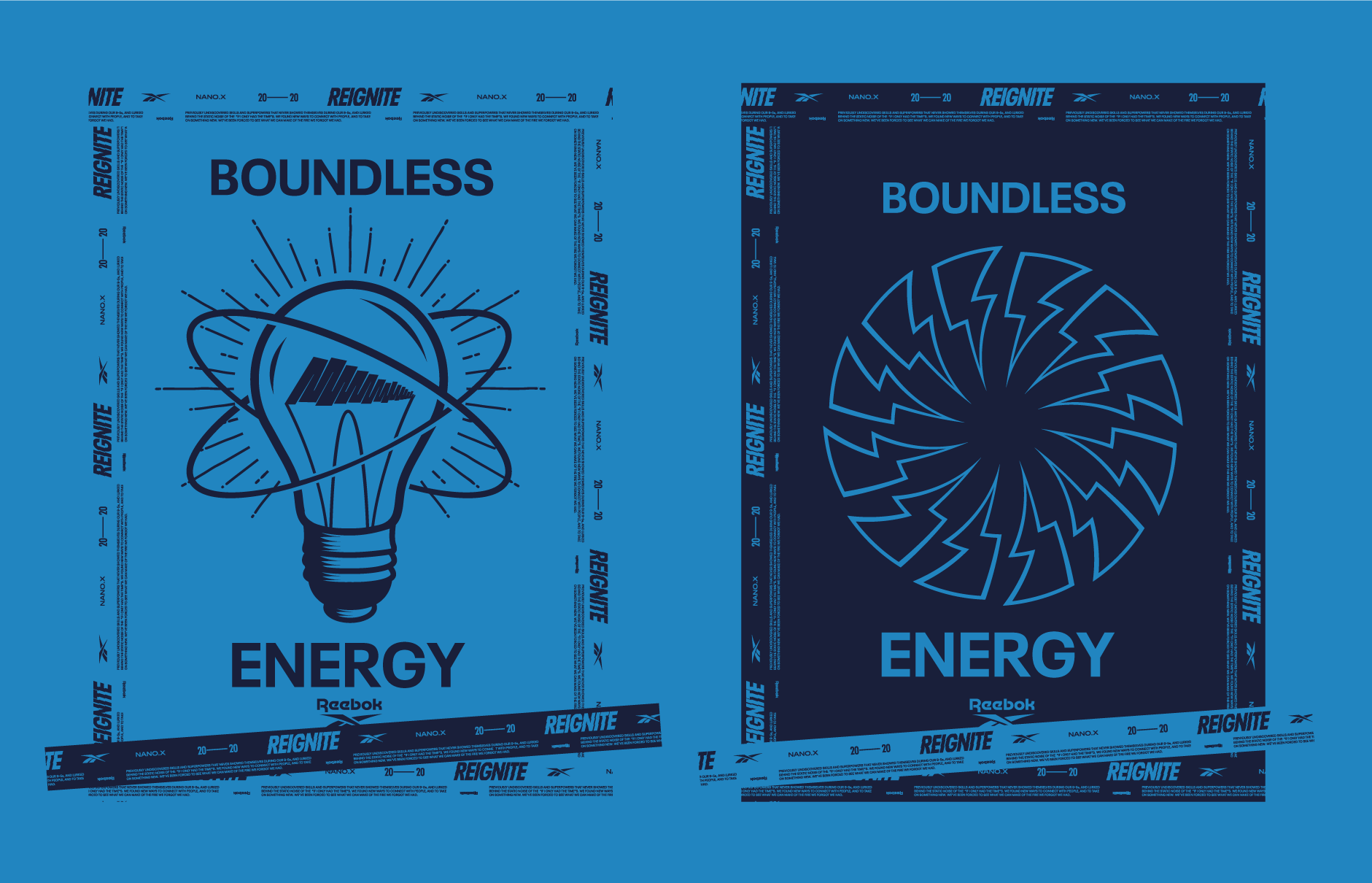 Two Reebok posters with blue backgrounds. The left poster features a stylized light bulb with planet and orbit lines, and text reading 'BOUNLESS ENERGY'. The right poster has a circular zigzag pattern with the same text.