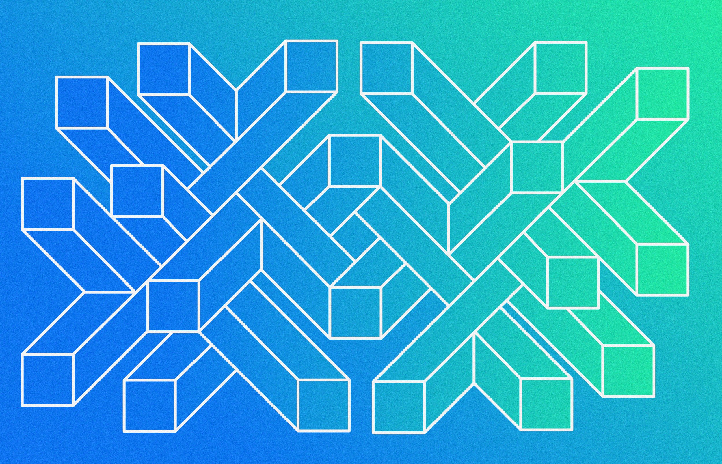 Abstract geometric pattern with interconnected white lines forming 3D cube shapes on a blue-green gradient background.