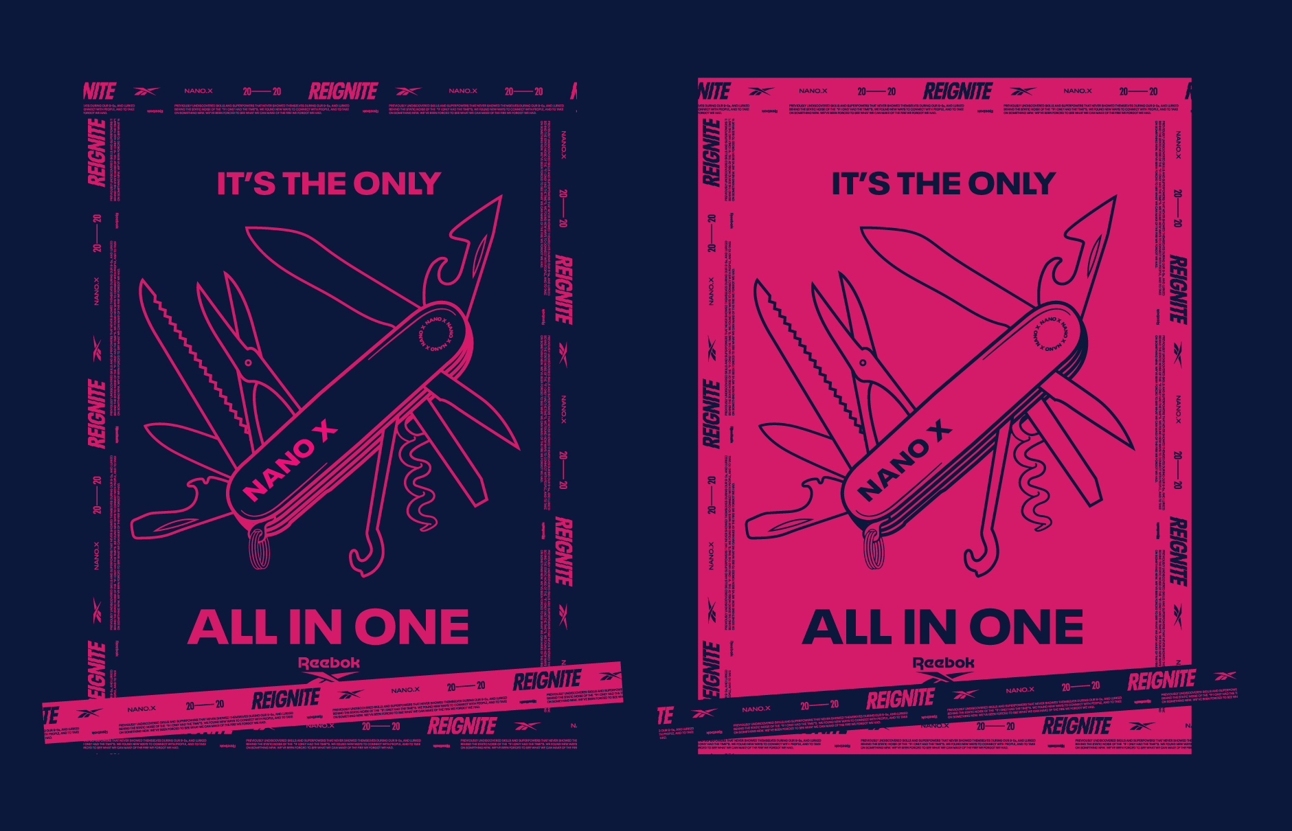 Two posters with similar designs, featuring a Swiss Army knife with multiple tools, including scissors and a saw, illustrated in pink outline. The left poster has a navy background, while the right has a pink background. Text on both posters includes