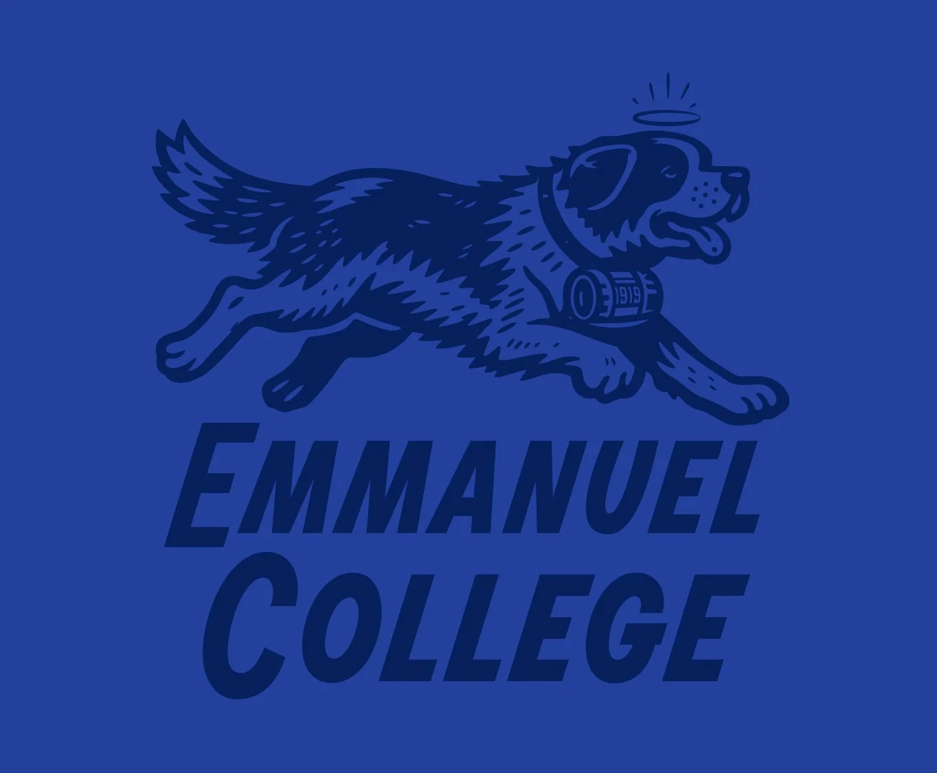 Emmanuel College logo featuring a blue background with a dog wearing a collar and a halo, with the text 'EMMANUEL COLLEGE' underneath.