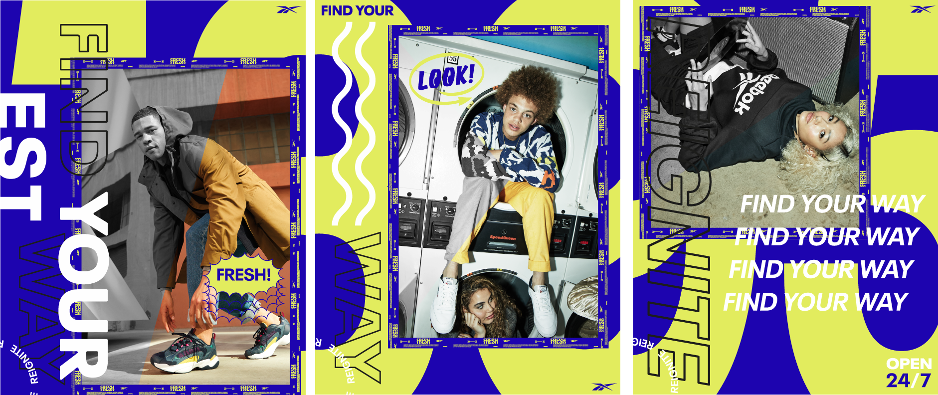 A colorful advertisement featuring three photos of diverse young people. The first shows a man wearing a tan and black jacket with colorful sneakers, the second shows a woman with curly hair in a laundry setting with a young man with an afro, and the