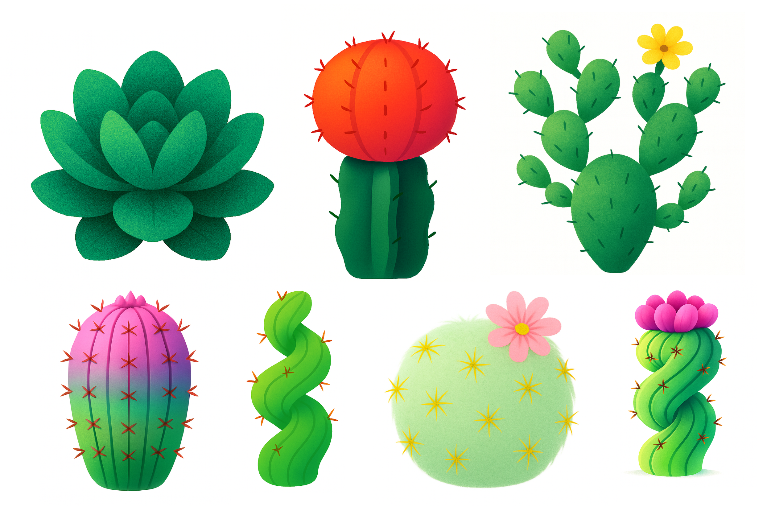 Collection of various illustrated cacti and succulents with vibrant colors, including a rosette-shaped succulent, a barrel cactus with red and pink accents, a prickly pear with yellow flower, a tall cactus with pink flower, a twisted green cactus, a 