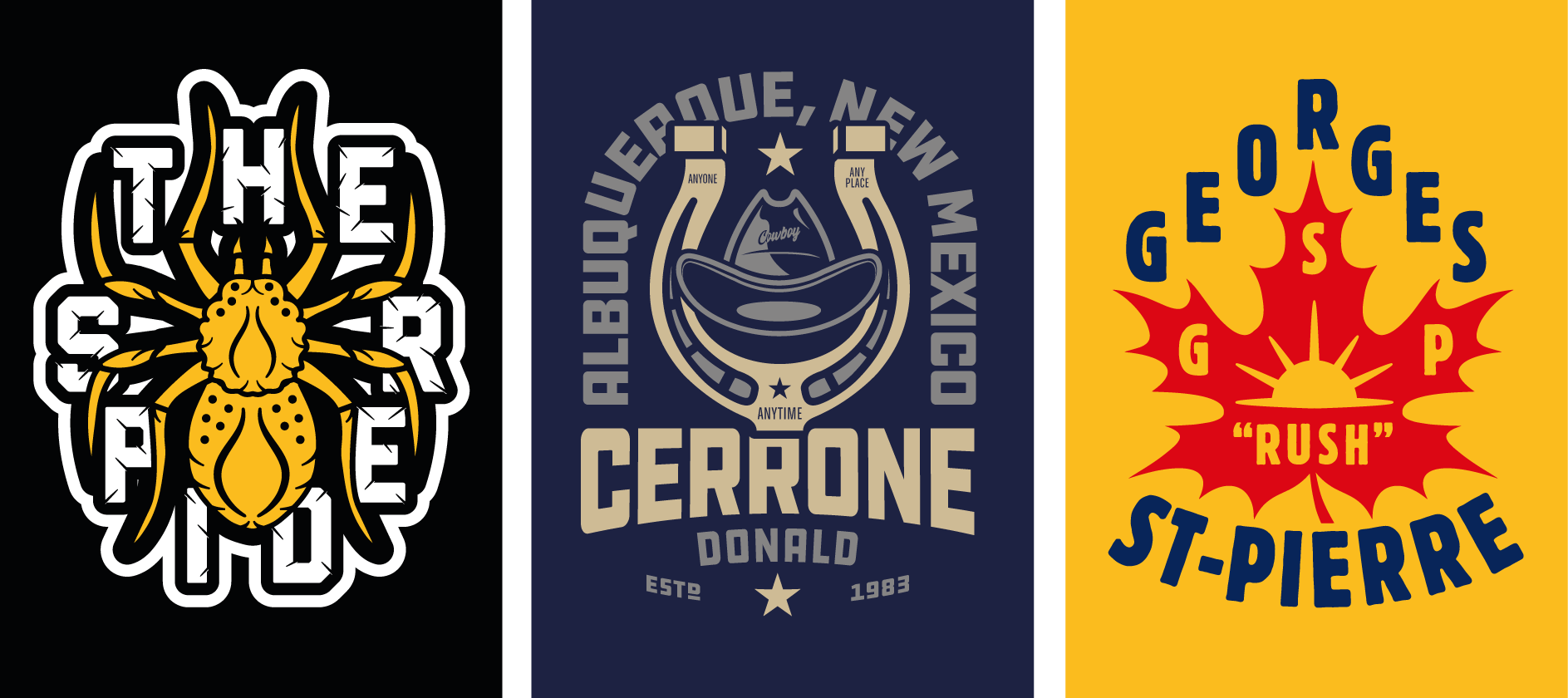 Three graphic designs with text and images. The first features a yellow and black insect with the word 'THE' above and 'PEST' below. The second shows a horseshoe with a cowboy hat inside, surrounded by the phrases 'RIBIQUE, NEW MEXICO,' 'ANYONE,' 'AN