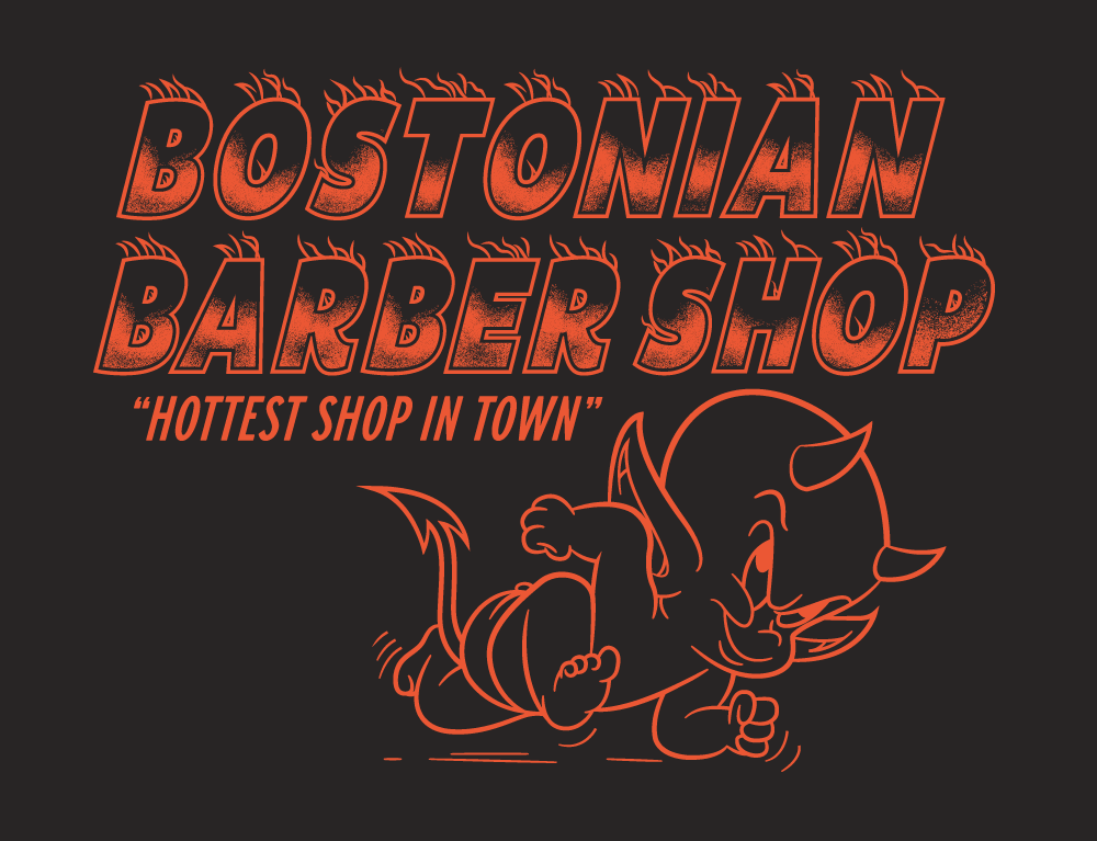 Sign for Bostonian Barber Shop featuring a cartoon devil character and the tagline "Hottest Shop in Town."