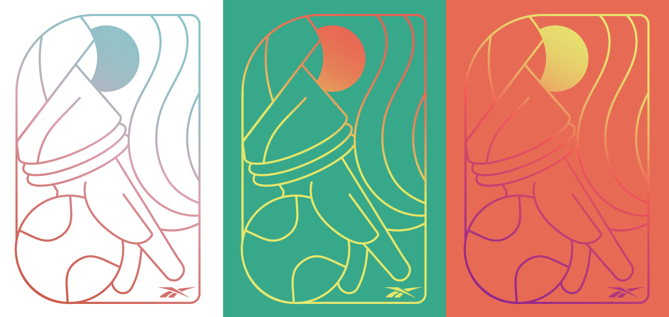 Comparison of three abstract, line art illustrations of a tennis player holding a tennis racket and tennis ball, each with a different colored background and outline style.