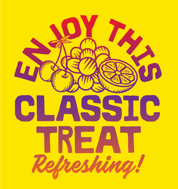 Graphic with cherries and lemon slices, featuring the text "Enjoy this classic treat refreshing!" in yellow, purple, and red colors.