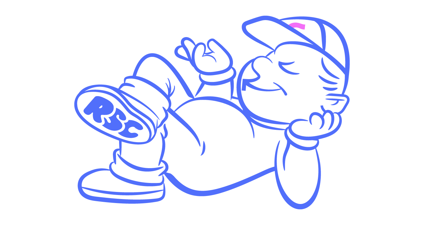Line drawing of a young child wearing a cap, lying on the ground, smiling, with one hand behind their head and the other making a peace sign, wearing sneakers with the word 'RES' on the sole.