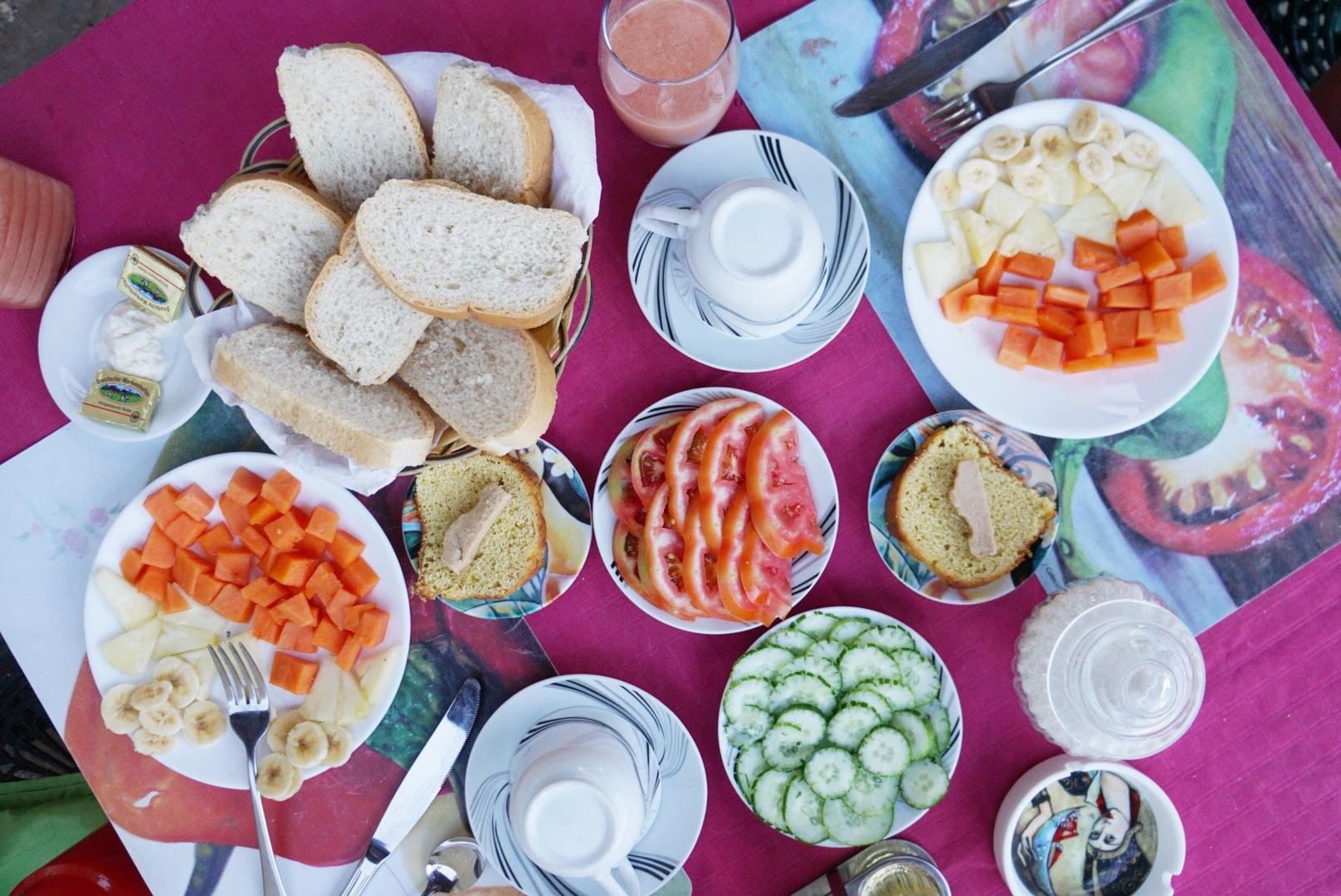 the breakfast spread at hostel la sirena