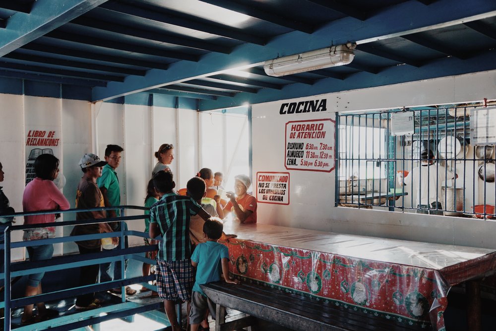  Lunchtime on the ship: Lining up for our communal meals. 