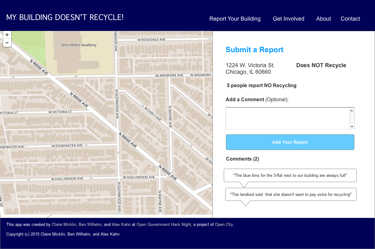 Late-stage prototype - If a user looks up an address that already has been reported they can view comments, add their own comments, and report their building.