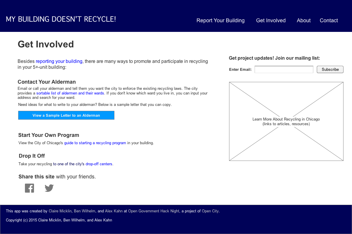 Late-stage prototype - This page provides site visitors several options for actions to take beyond reporting a building. 