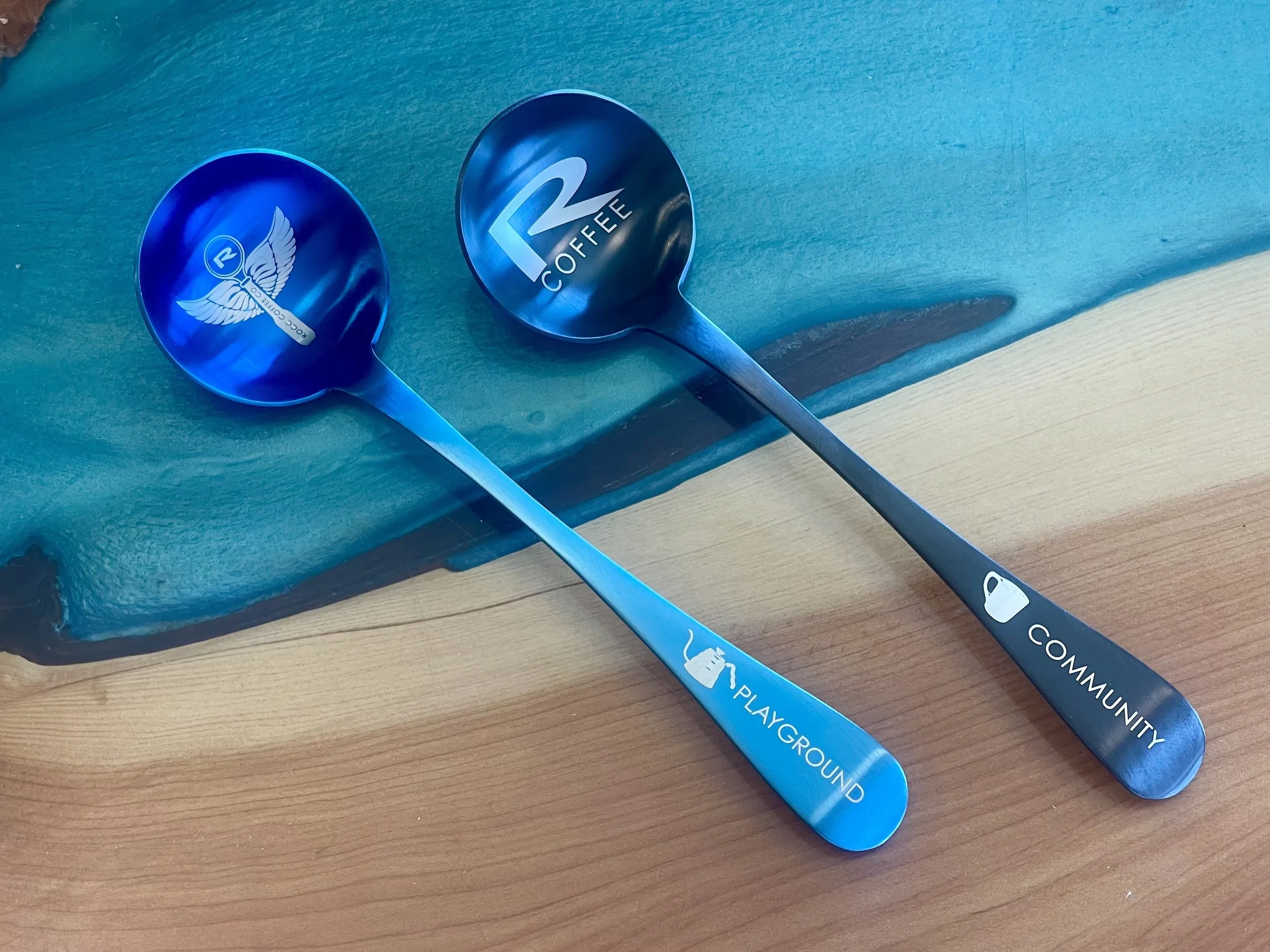 Titanium Cupping Spoon Blue Black ROCC Coffee Set Pair.jpg