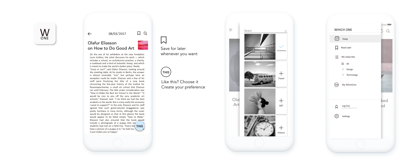 Choose the interesting one to read full content, like it? Choose as WHICHONE. No interest? Explore more through left and right drawer panel.