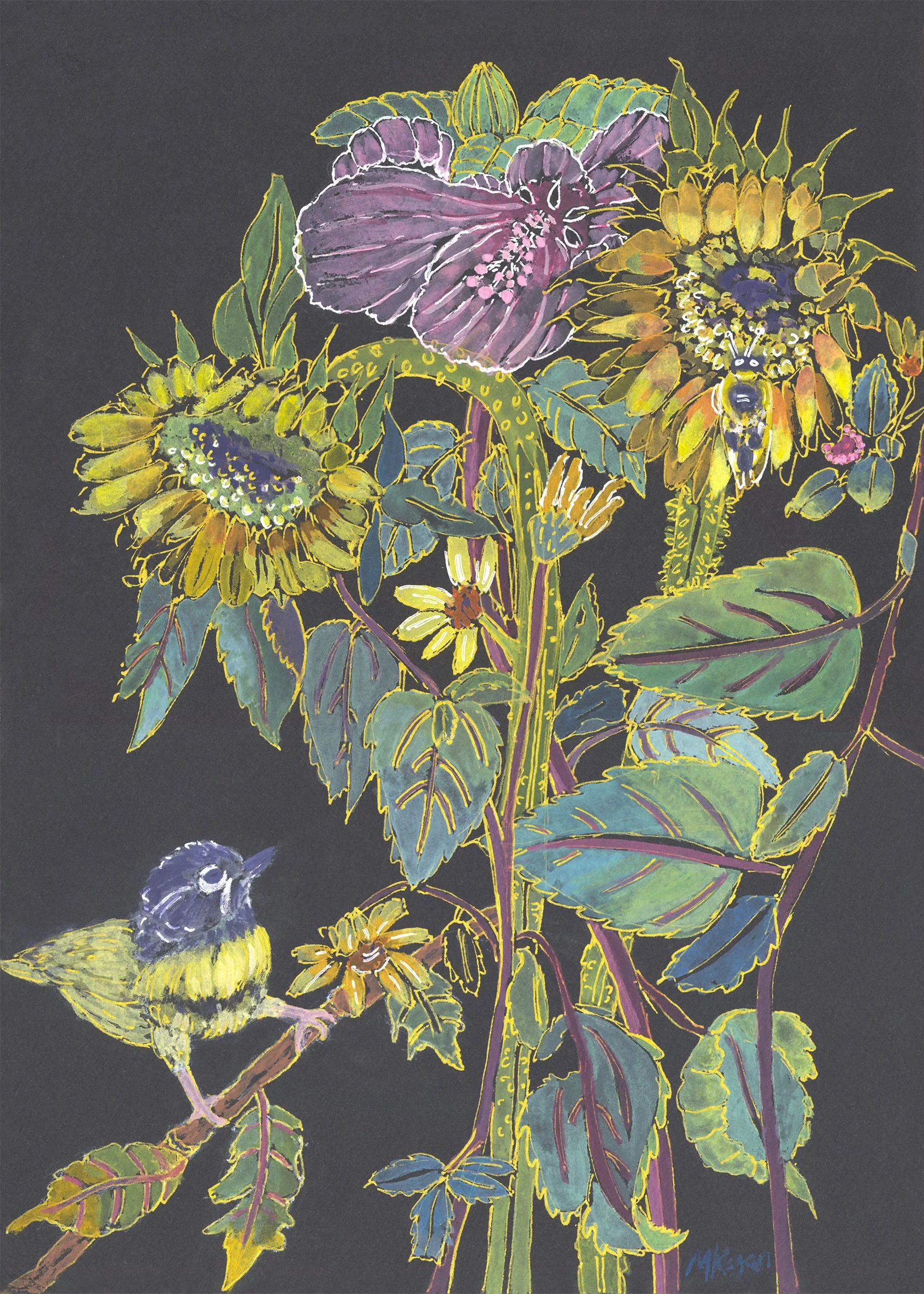 Finch Sunflowers & Rose Mallow, Pen & Watercolor, 14" x 10," 2026