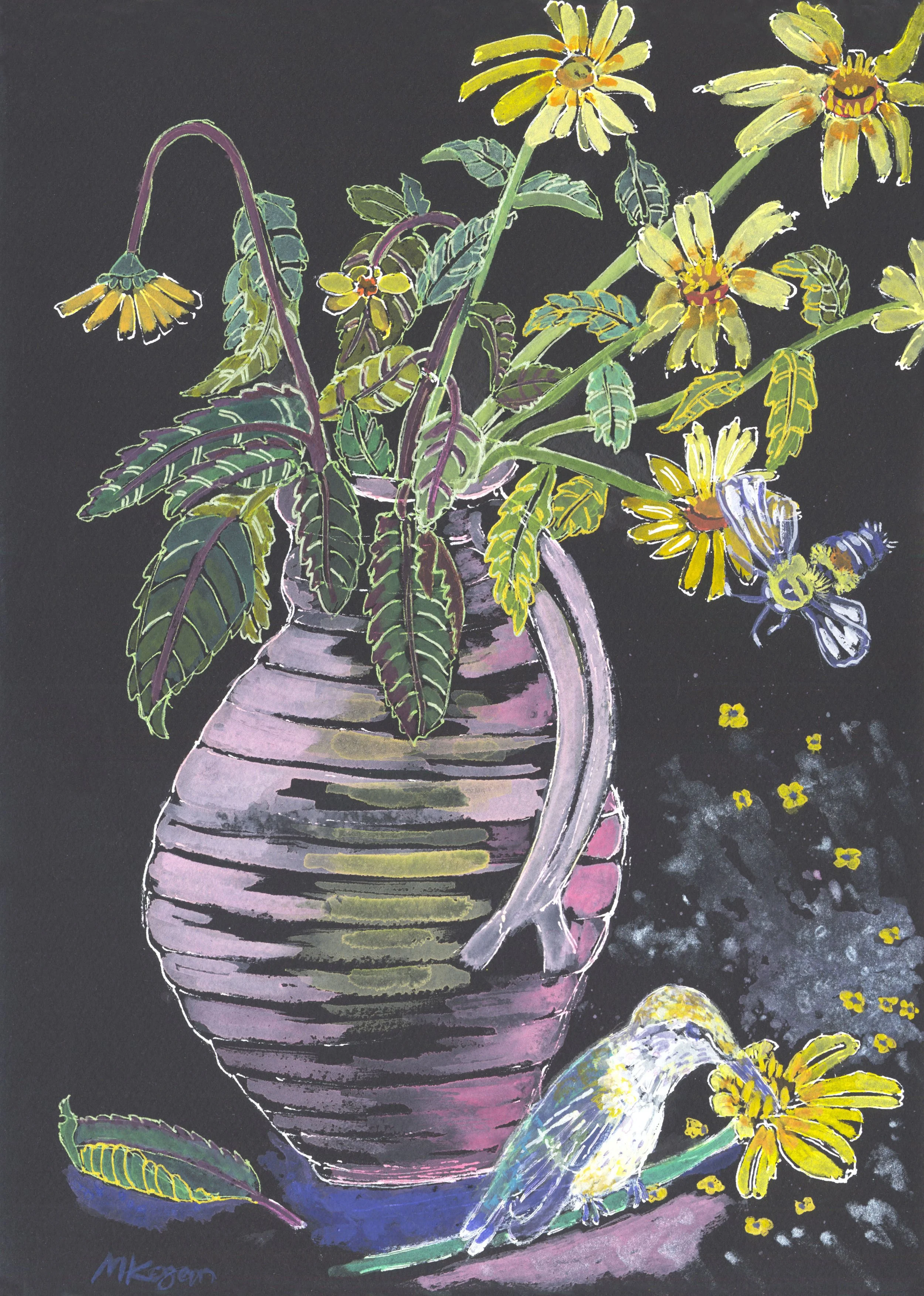 Seeds, Hummingbird, Bee, and Heliopsis, Pen & Watercolor,14" x 10," 2026 