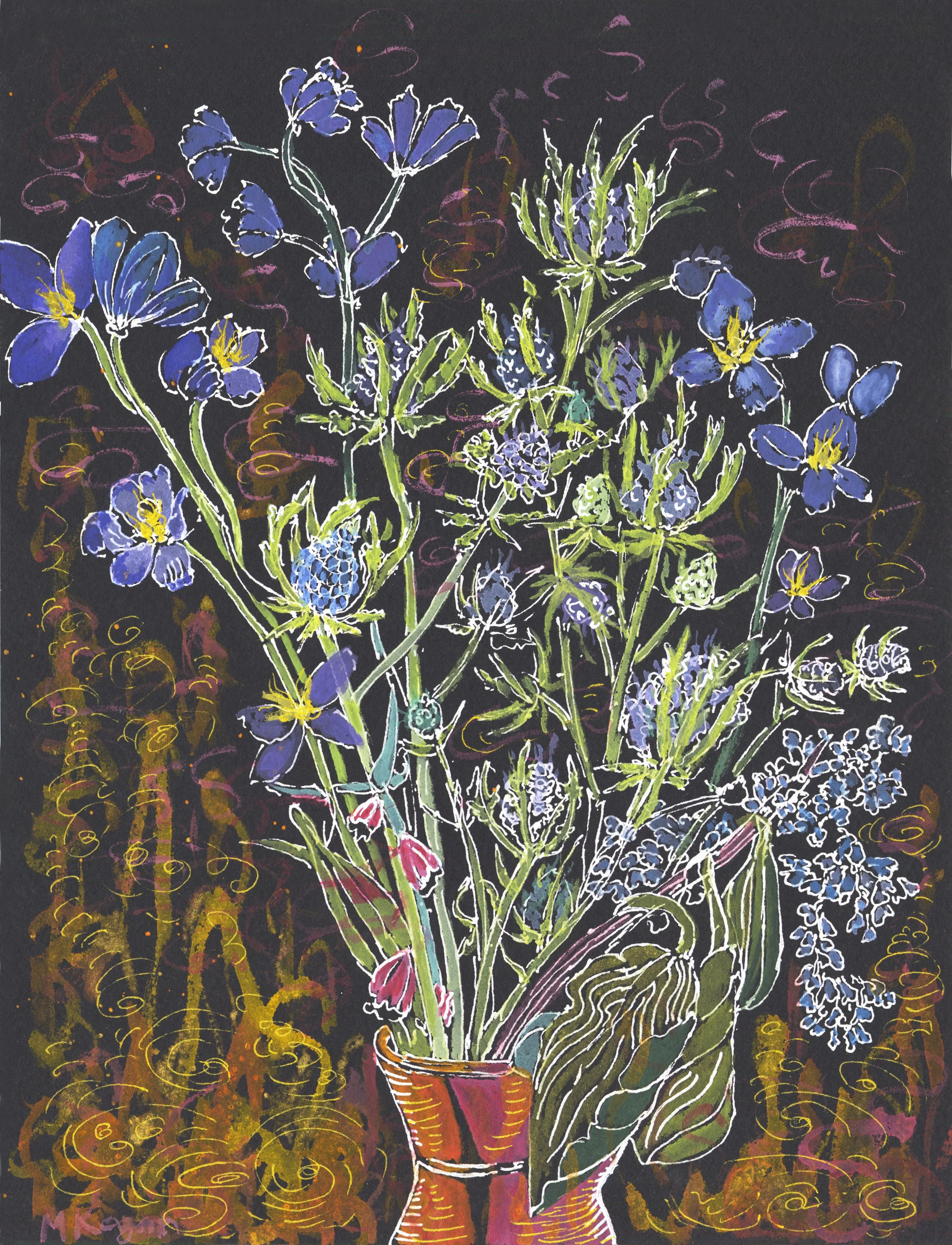 Thistle and Flowers, Pen & Watercolor, 12" x 9," 2025