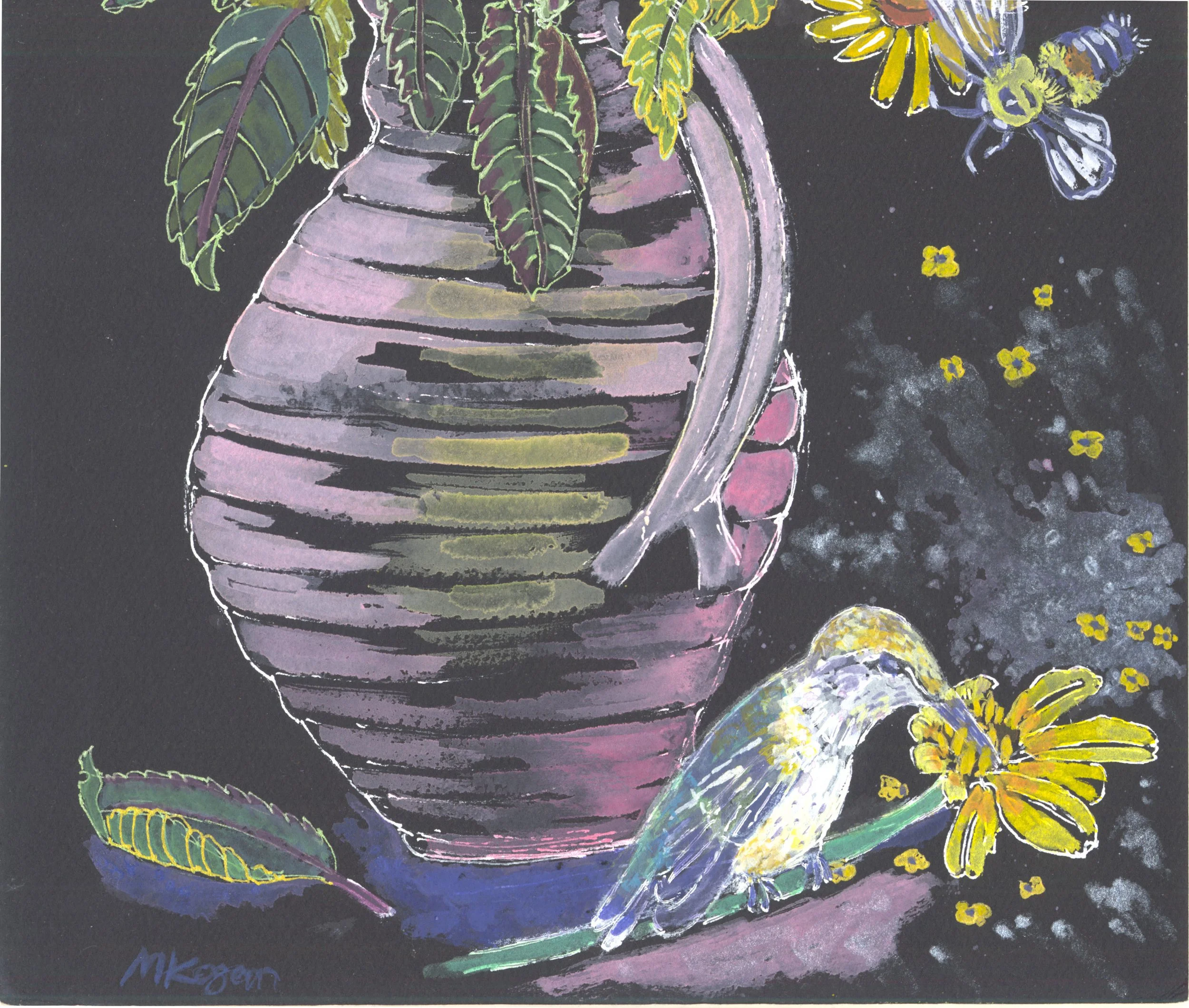 Seeds Hummingbird and bee–detail, pen and watercolor, 2026
