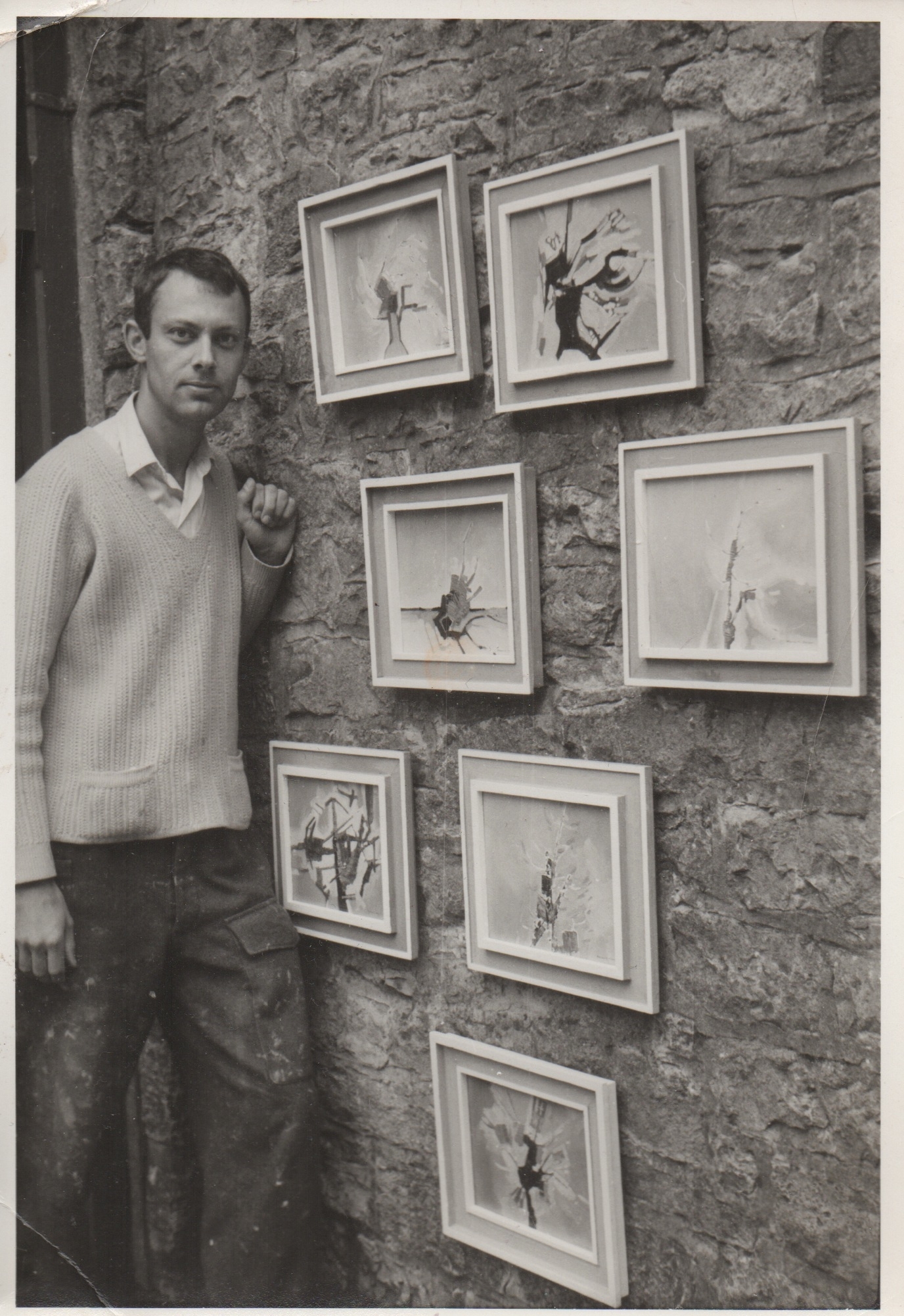 Robert Genn with his early abstracts at Bradbourne near Ashbourne, Derbyshire, England circa 1965.