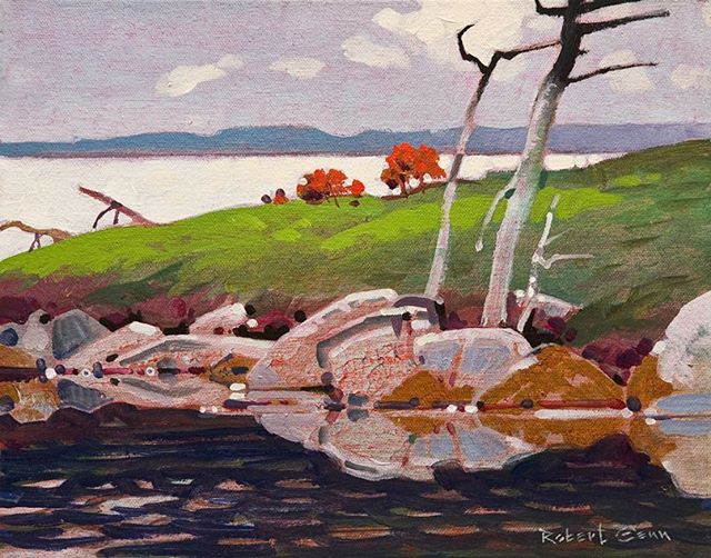 Point, Eaglenest Lake, North of Winnipeg with Al Stewart, 11 x 14 inches, acrylic on canvas, 2006 @whiterockgallery #robertgenn #canadianart