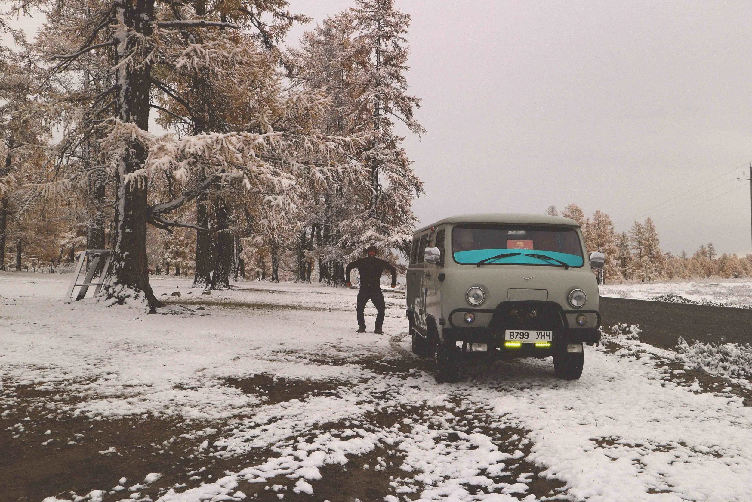 mongolian road trip in the snow