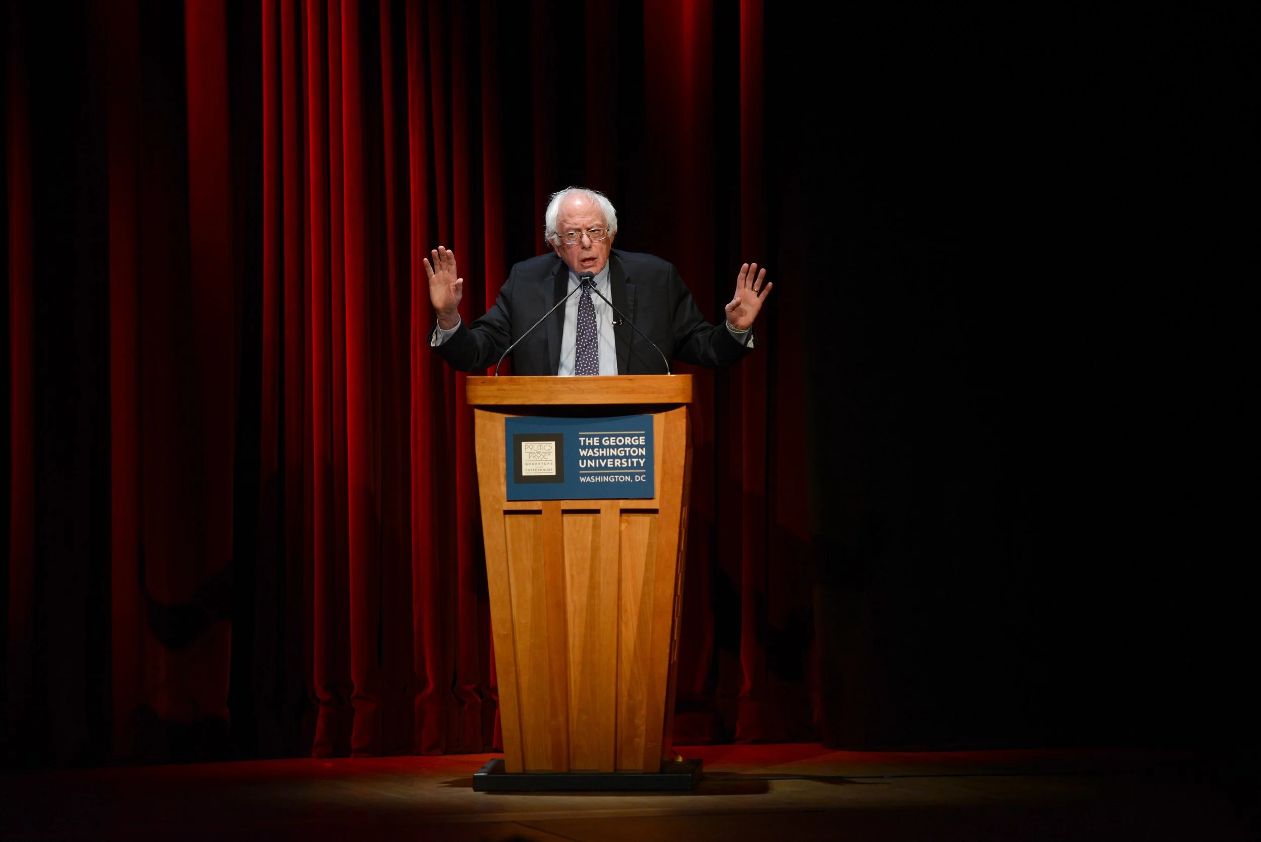  Vermont Senator Bernie Sanders speaks at Lisner Auditorium on the George Washington University campus in November 2016. When speaking about working with the upcoming Trump administration, Sanders said, "We are not going backwards in terms of bigotry