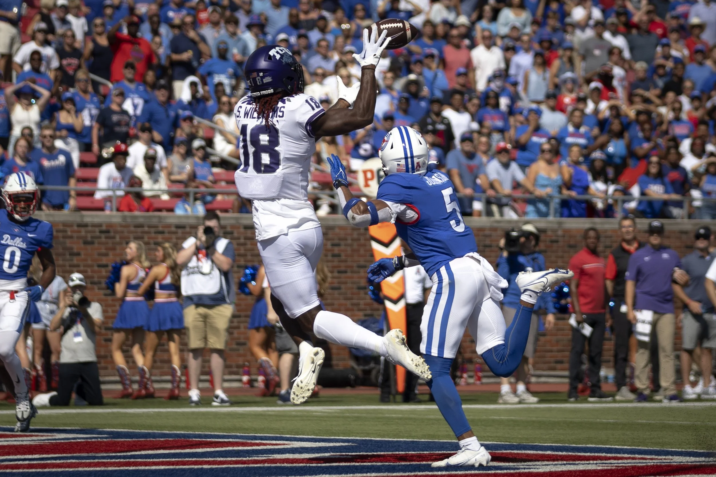  TCU wide receiver Savion Williams catches a pass and scores a touchdown on Saturday, Sept. 24, 2022, at the Gerald Ford Stadium in the Southern Methodist University in Dallas, Texas. 