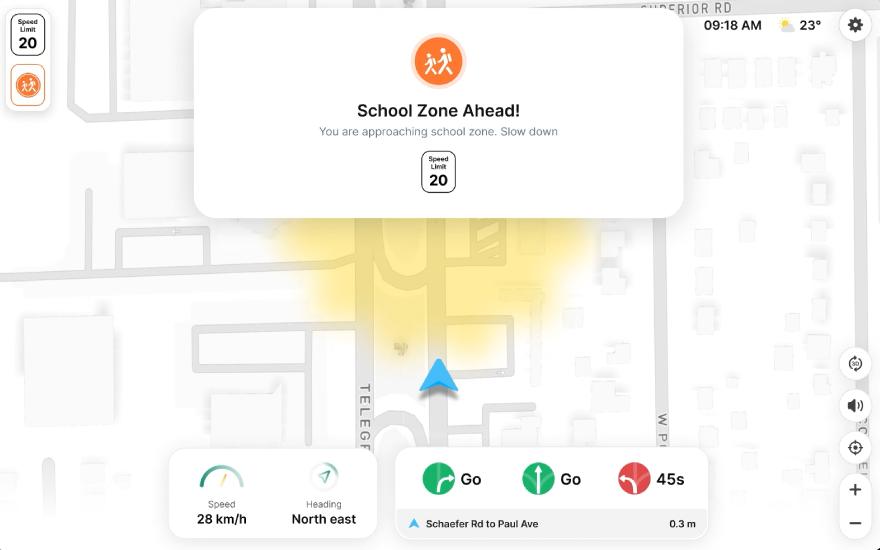 Derq V2X mobile application alerting a driver of a school zone up ahead