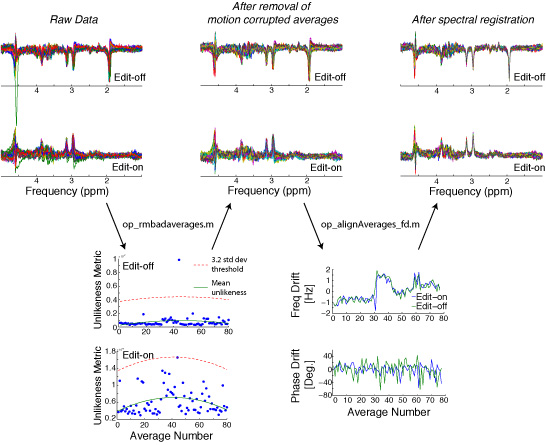 Processing of localized GABA MR spectroscopy data, including removal of motion corrupted averages, and frequency and phase drift correction.