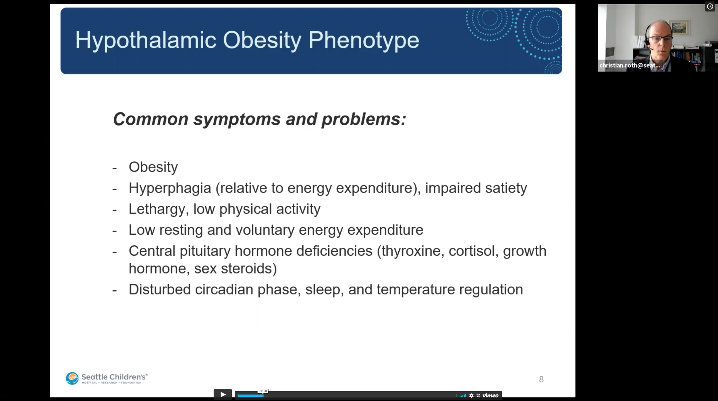 Dr. Christian Roth of Seattle Children’s Hospital, presents on Hypothalamic Obesity at the Pituitary Tumor Virtual Conference hosted by RAWF and CHOP.