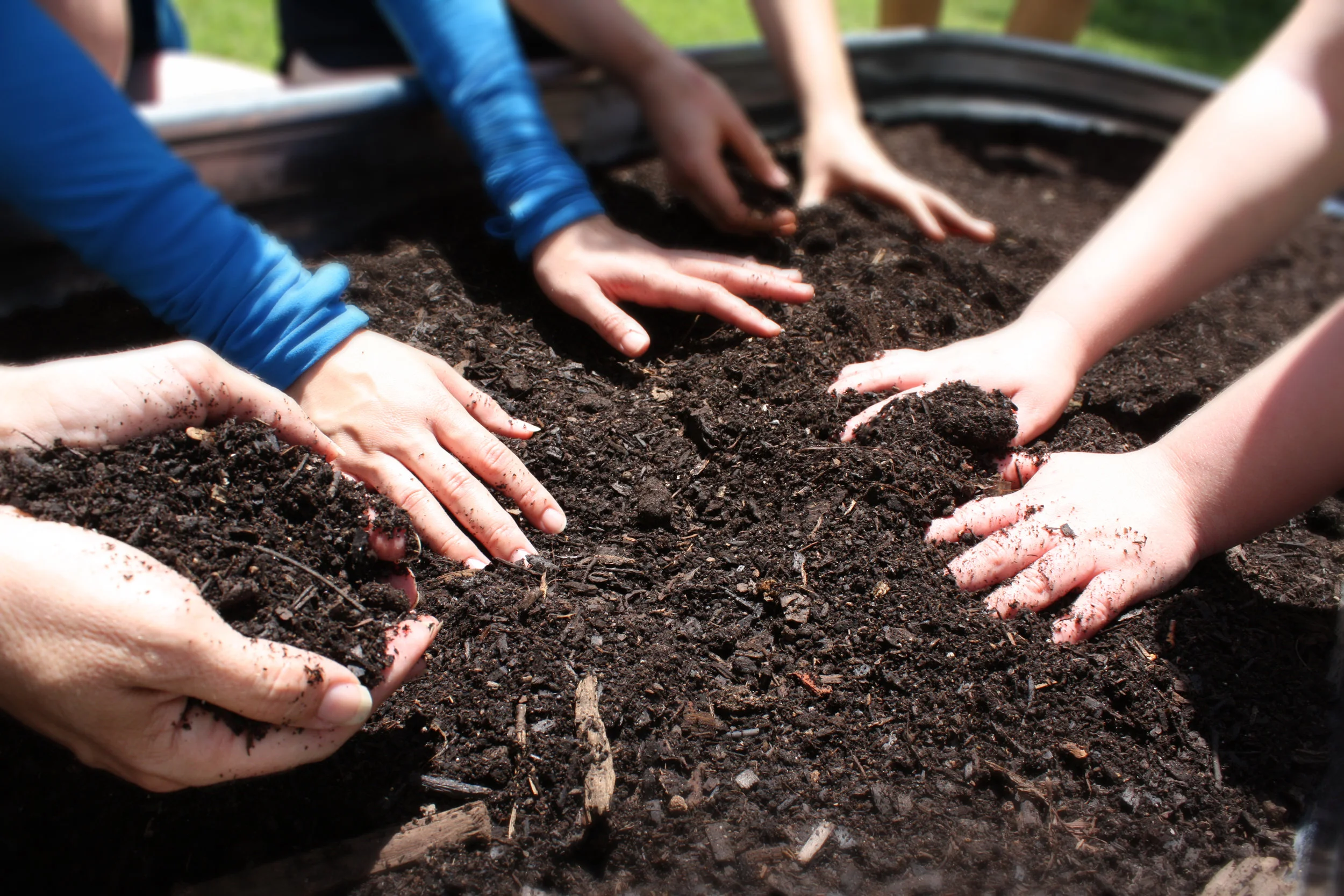 Mixing the compost and soil for the plants.