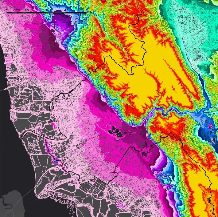 Elevation map of the Alameda Creek watershed (Fremont, Union City, Newark area). I made this map using GIS. The map was used to create a model used for community engagement events (see below).