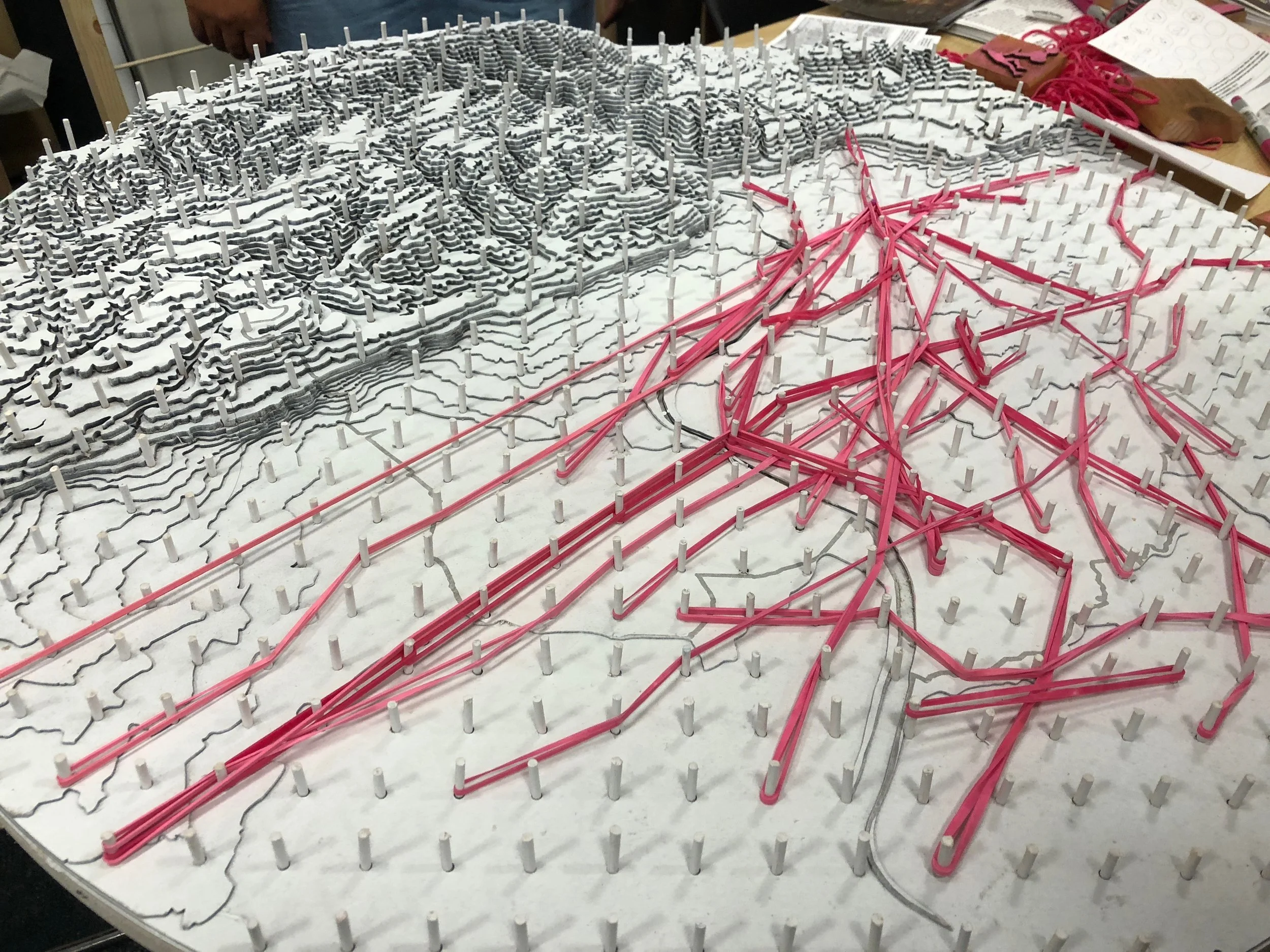 Pink rubberbands were used to show flow of movement.