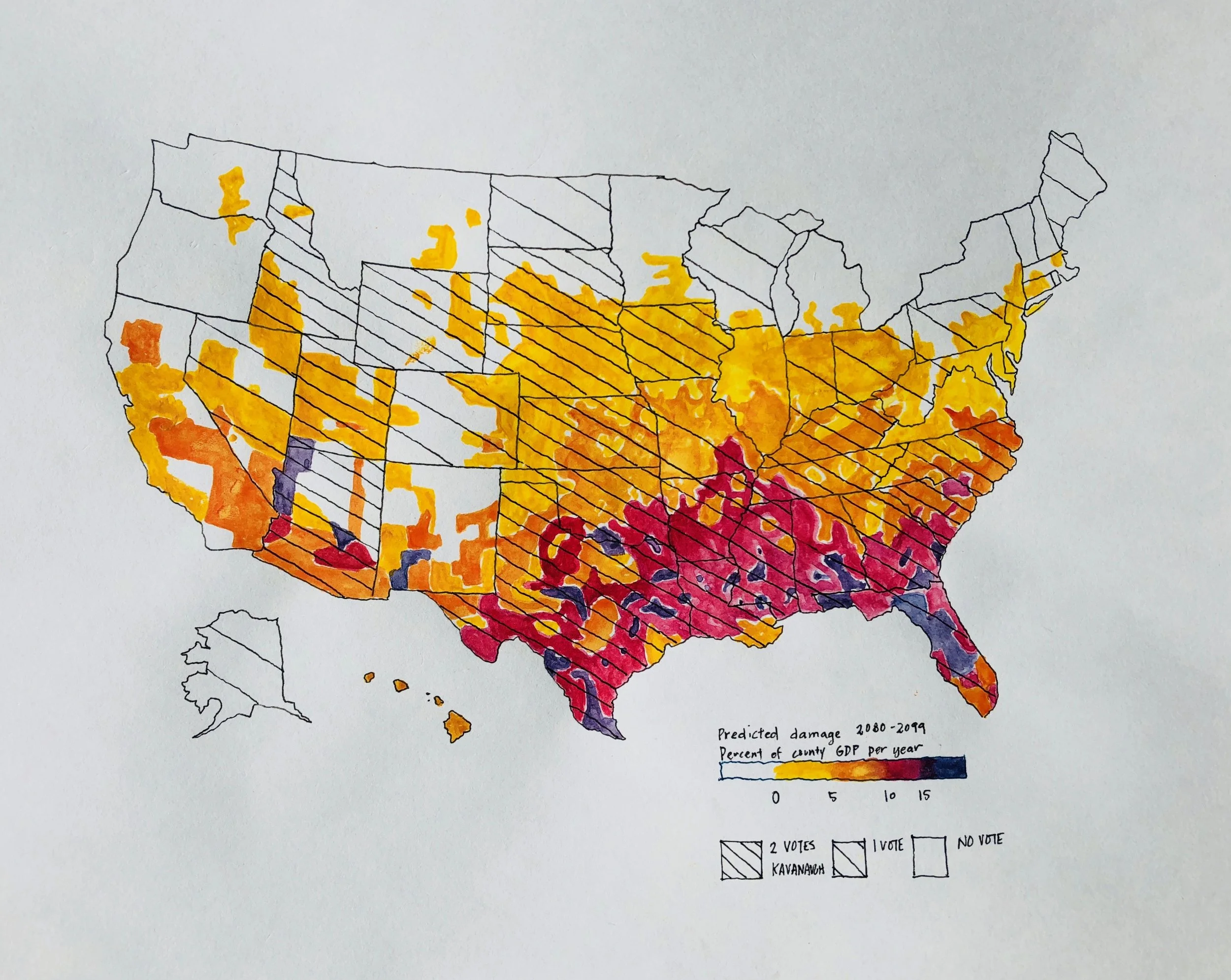 Supreme Court confirmation of Kavanaugh. Climate change impact and states that voted for Kavanaugh. The South is expected to suffer the most from climate change. Kavanaugh’s skepticism of the EPA could be the most detrimental for the very states that voted for him. Data from NYT.