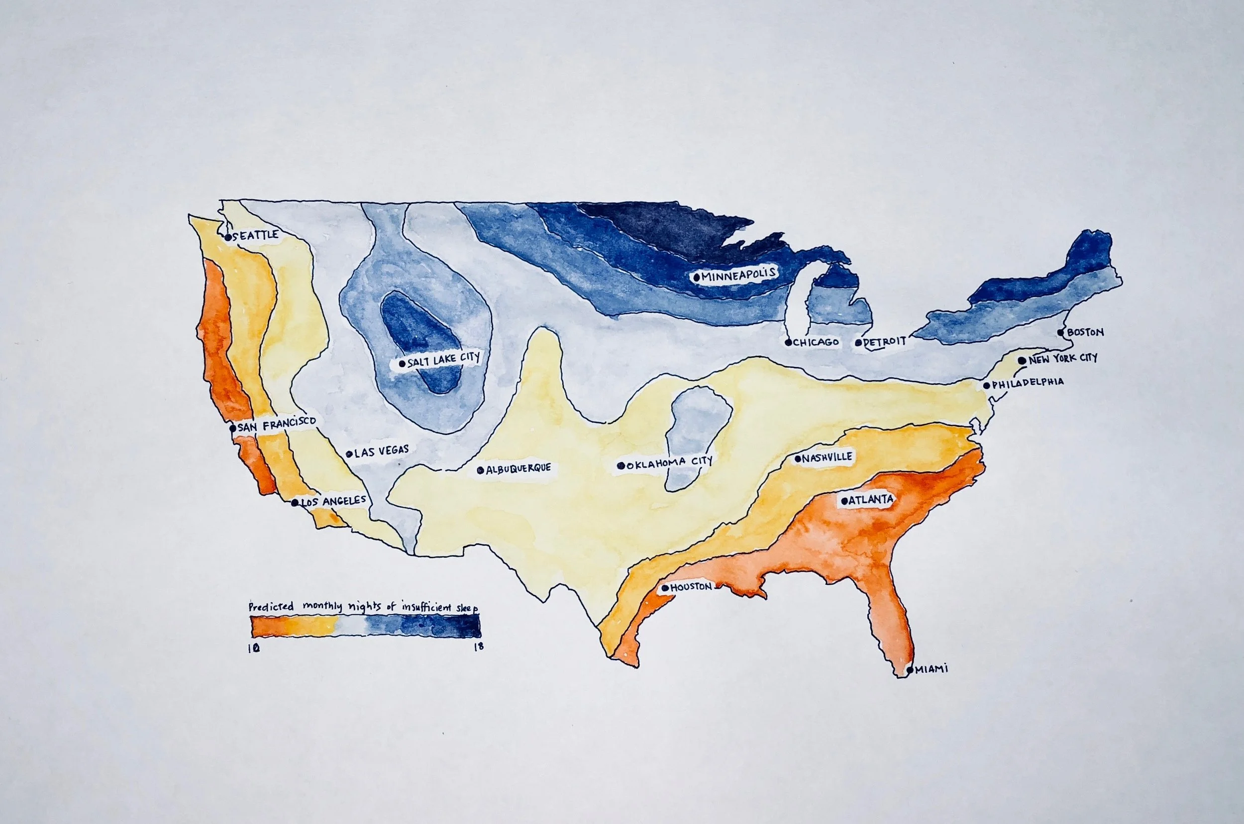 Exhausted. Due to rising nighttime temperatures we could have 18 days of sleepless nights a month by 2099. The MidWest would be affected the most. Data from Obradovich et al 2017.