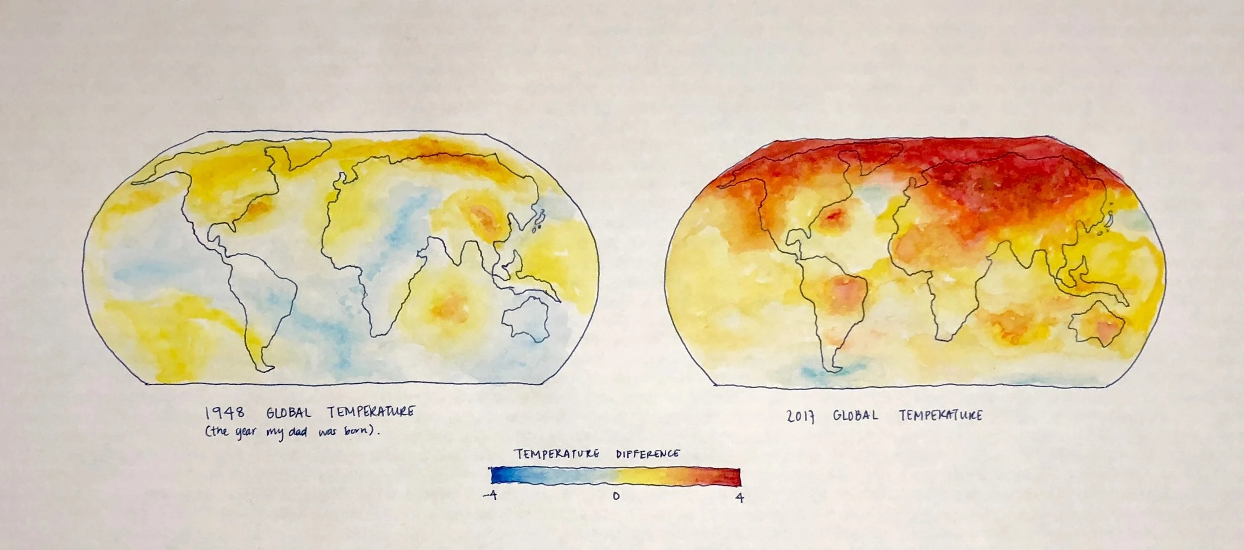 Global Temperature. The most recent IPCC report states the dangers of exceeding 2C global temperature. They have already changed significantly in my dad’s lifetime (70 years - my dad was born 1948). Data from NASA.