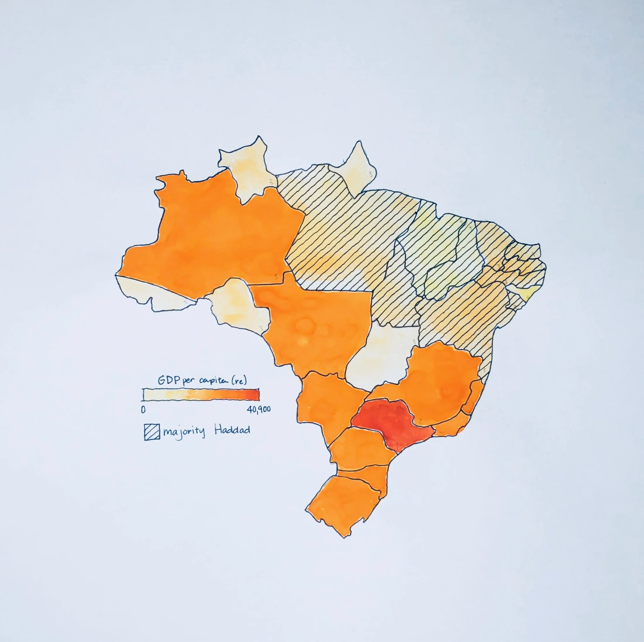 Brazil Presidential Election 2018. Map of states that voted for Haddad and state wealth. Haddad, like Lula, advocates for the poor, people of color, and other marginalized groups. He won the votes of some of the poorest states in Brazil, while Bolsonaro won the wealthiest states. Data from the BBC .