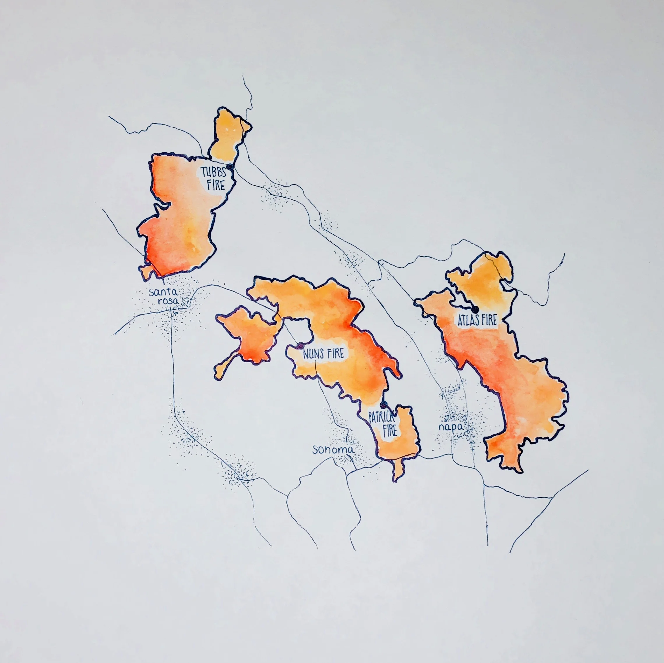 2017 Napa Fires. Map of the extent of fires and origin of each fire. It’s been one year since the fires that devasted Northern California. Over 145,000 acres burned in the Atlas, Tubbs, and Nuns fire (shown here). Over 40 lives lost and thousands lost their homes. Data from San Francisco Chronicle .
