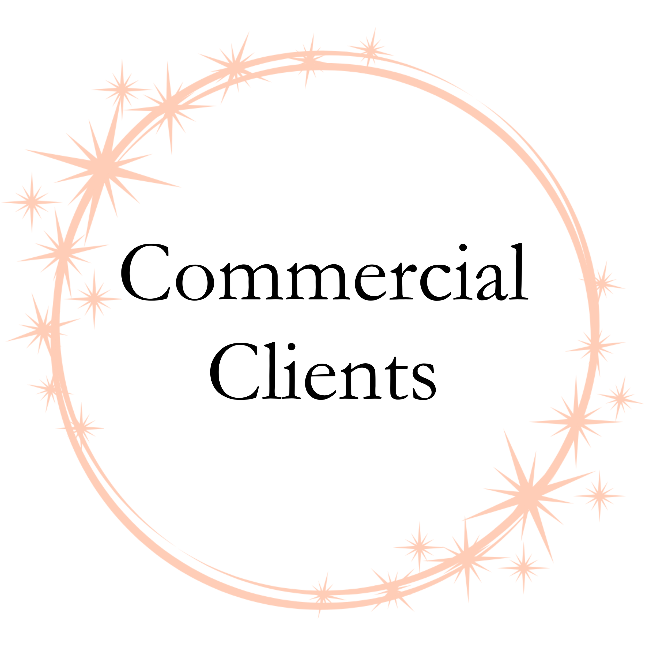 Text stating 'Commercial Clients' inside a circular design with starburst accents on a white background to show which brands and media outlets Leather & Lace Artistry has worked with.