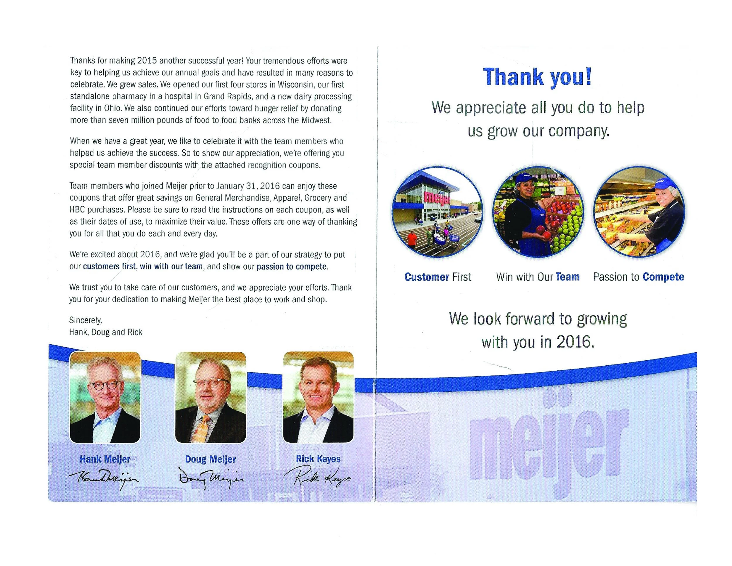 Mailer sent to approximately 72,000 Meijer team members.