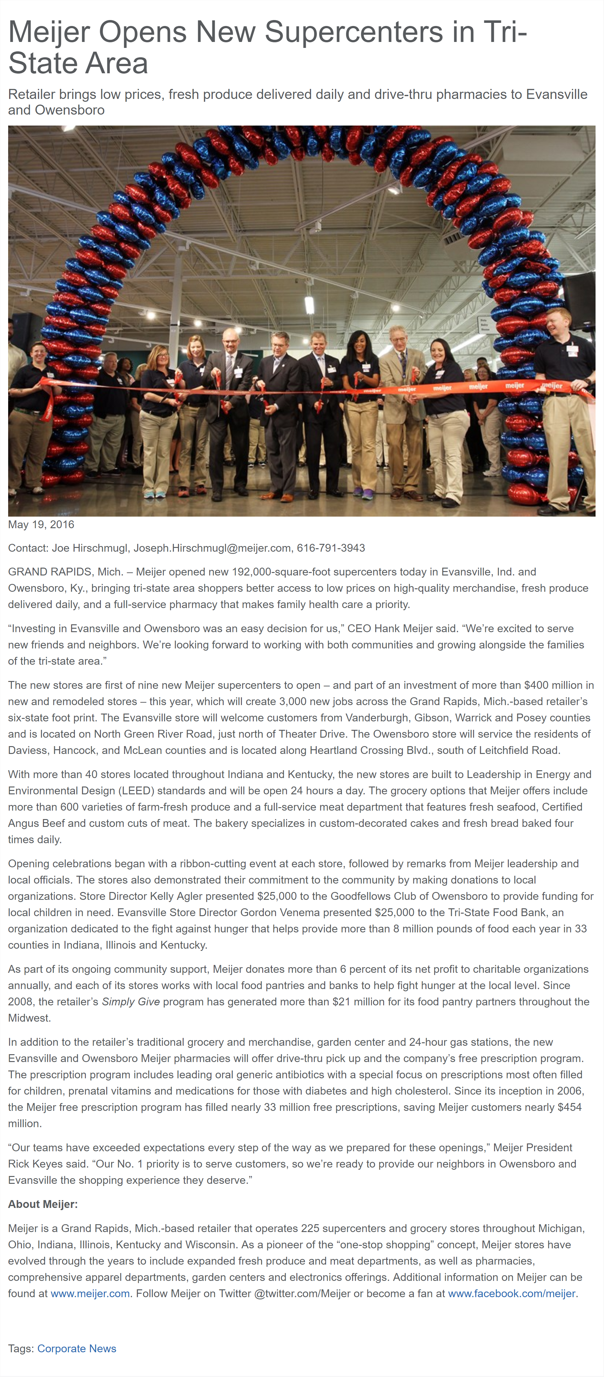 Press release for Meijer.