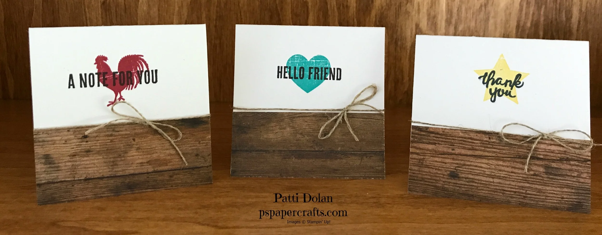 These are the notecards that I made at the OnStage event. They notecard base is 6 x 3 and folded in half. The bottom of each notecard has a leftover piece of Wood Textures DSP cut at 1 1/4 x 3. The images and sentiments are from the Wood Words stamp set and a piece of Linen Thread was wrapped around each notecard and tied in a bow.