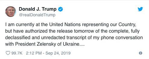 Tweet from Donald Trump, Sept. 24, 2019
