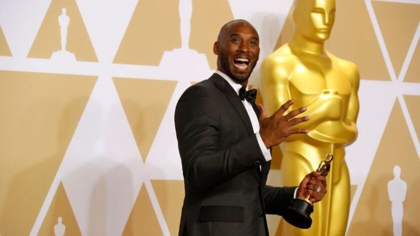 Kobe Bryant in the press room of the Academy Awards after winning an Oscar for his animated short “Dear Basketball” on March 4, 2018. via LA Times