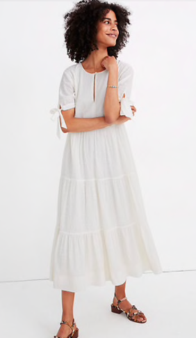 Tie-Sleeve Tiered Midi Dress in Swiss Dot, $84