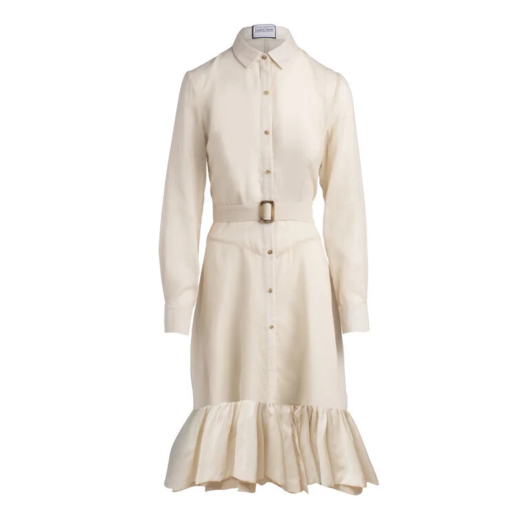 SHIRT DRESS WITH RUFFLE, $225