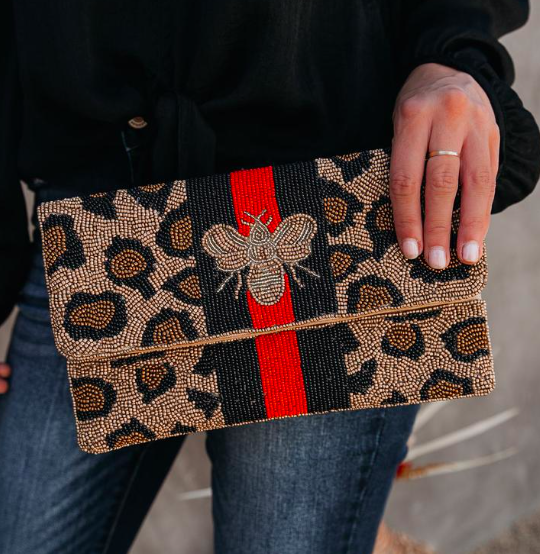 BEST BEEHIVE-IOR HANDMADE BEADED CROSSBODY CLUTCH, $44